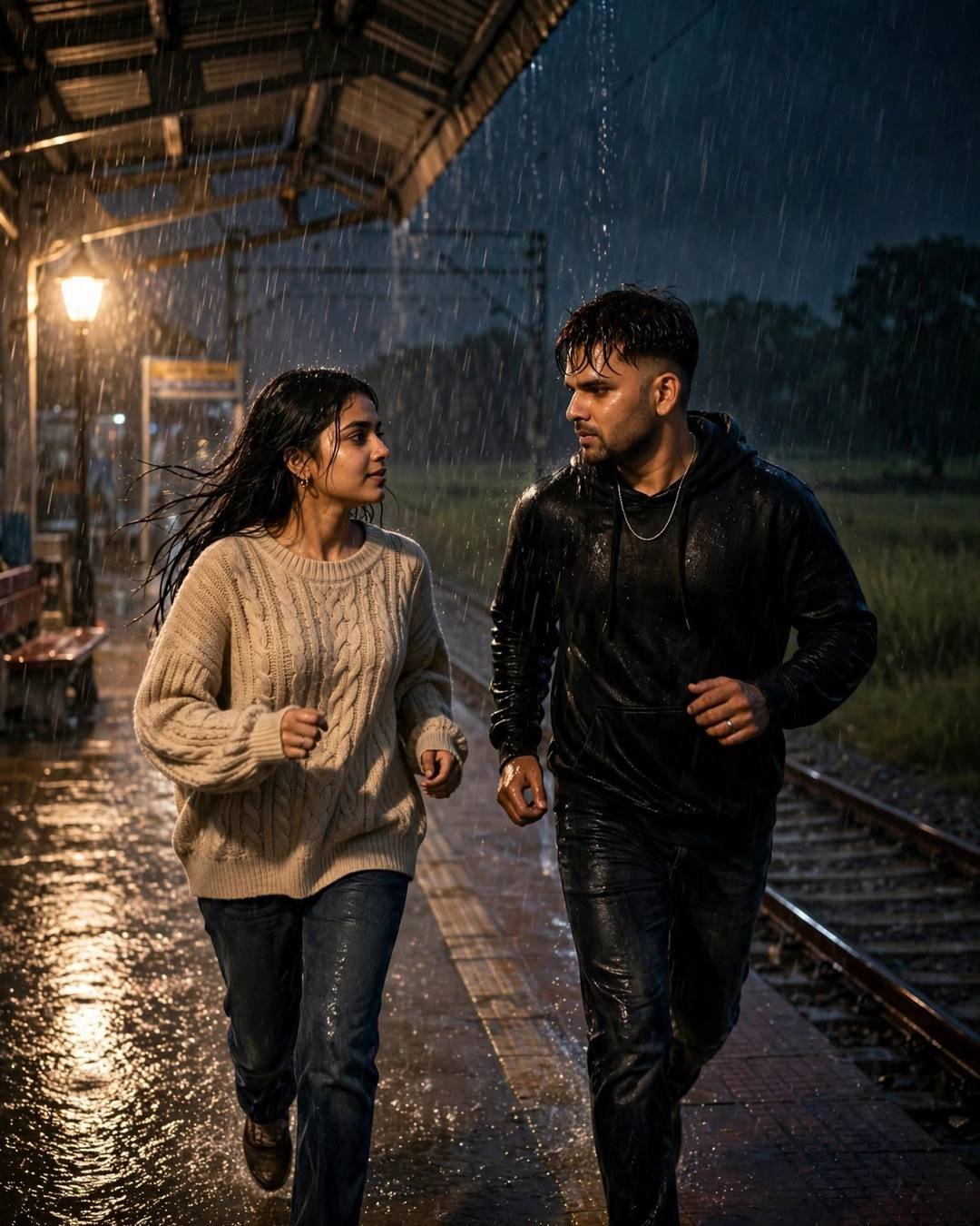 Young couple running and laughing through heavy midnight rain on a lamplit railway platform