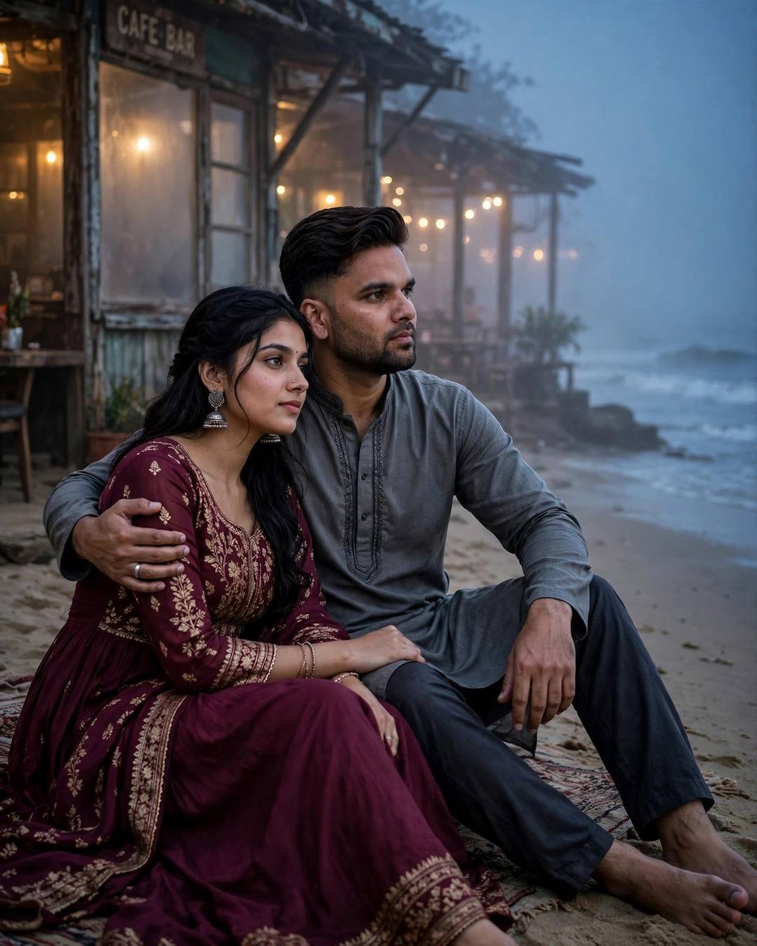 Young couple sitting on beach sand beside a cafe at dusk watching the sea, his arm around her