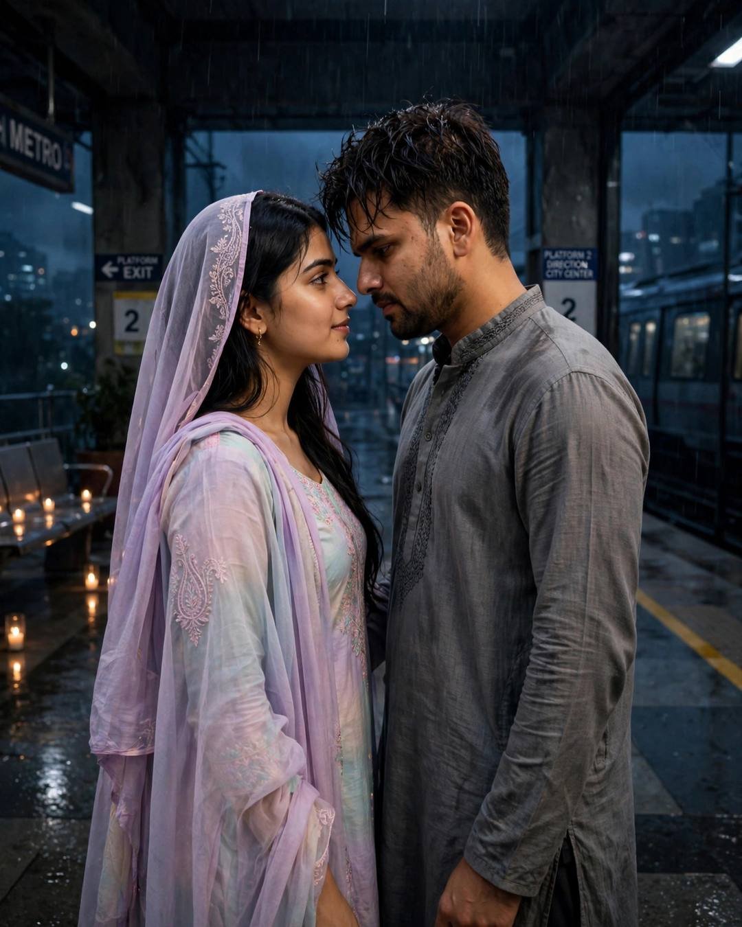 Young couple with foreheads almost touching at a rainy midnight metro station with candles behind them