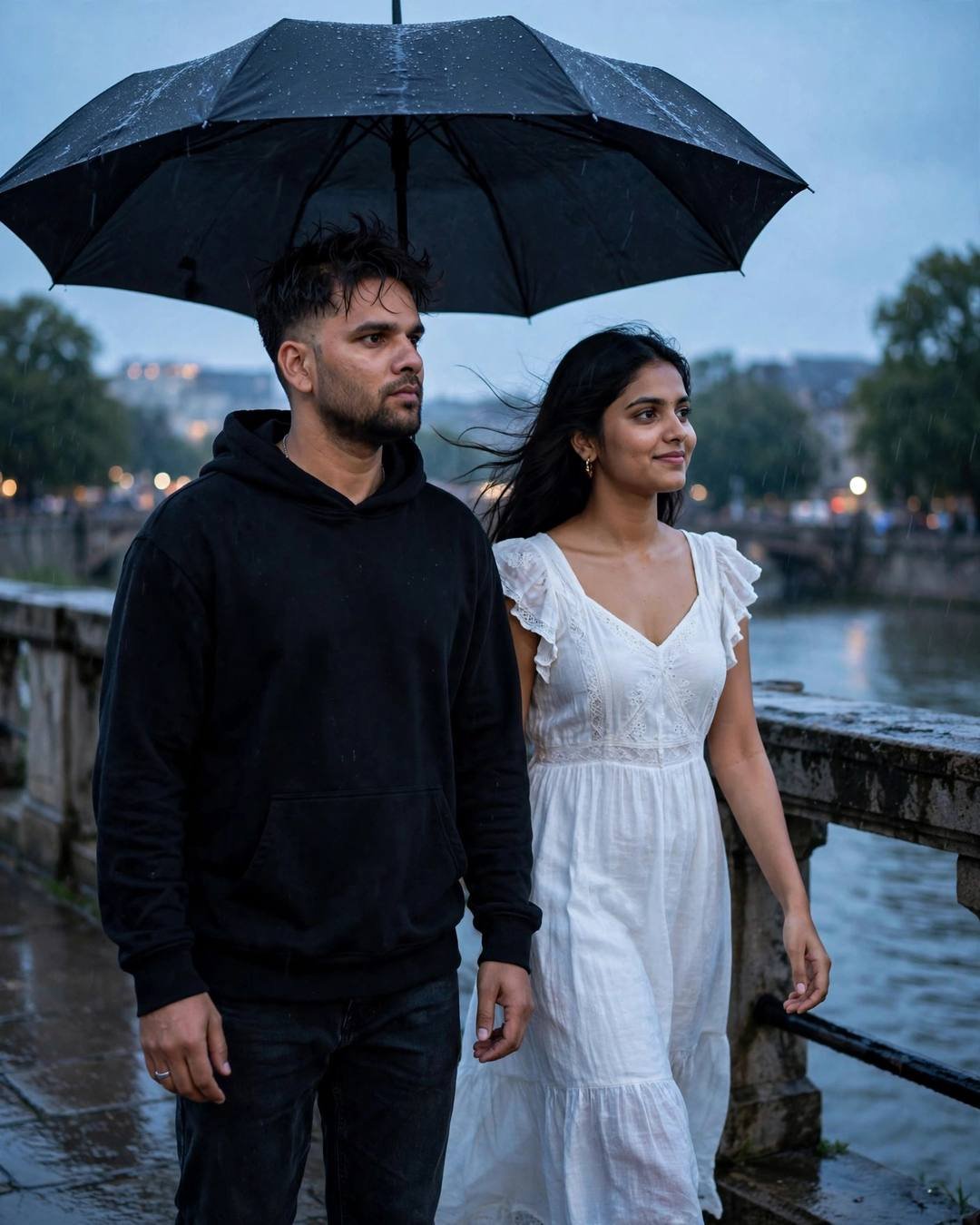 Young couple walking side by side under one umbrella on a bridge over a river at blue hour