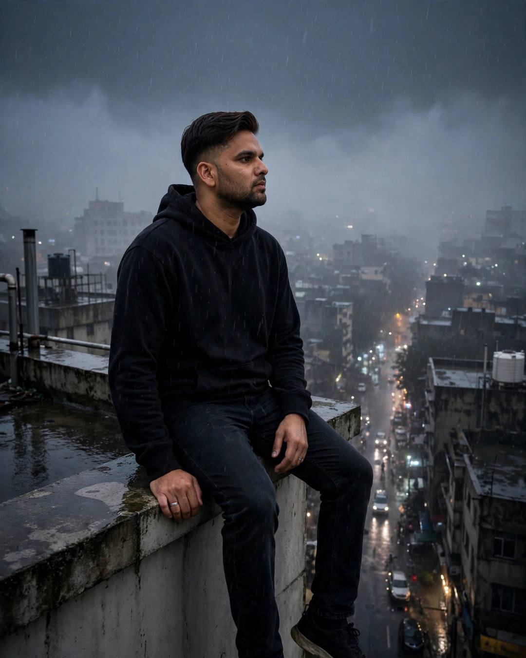 A young man in a black hoodie sitting on a foggy rooftop ledge at midnight above a rain-soaked city
