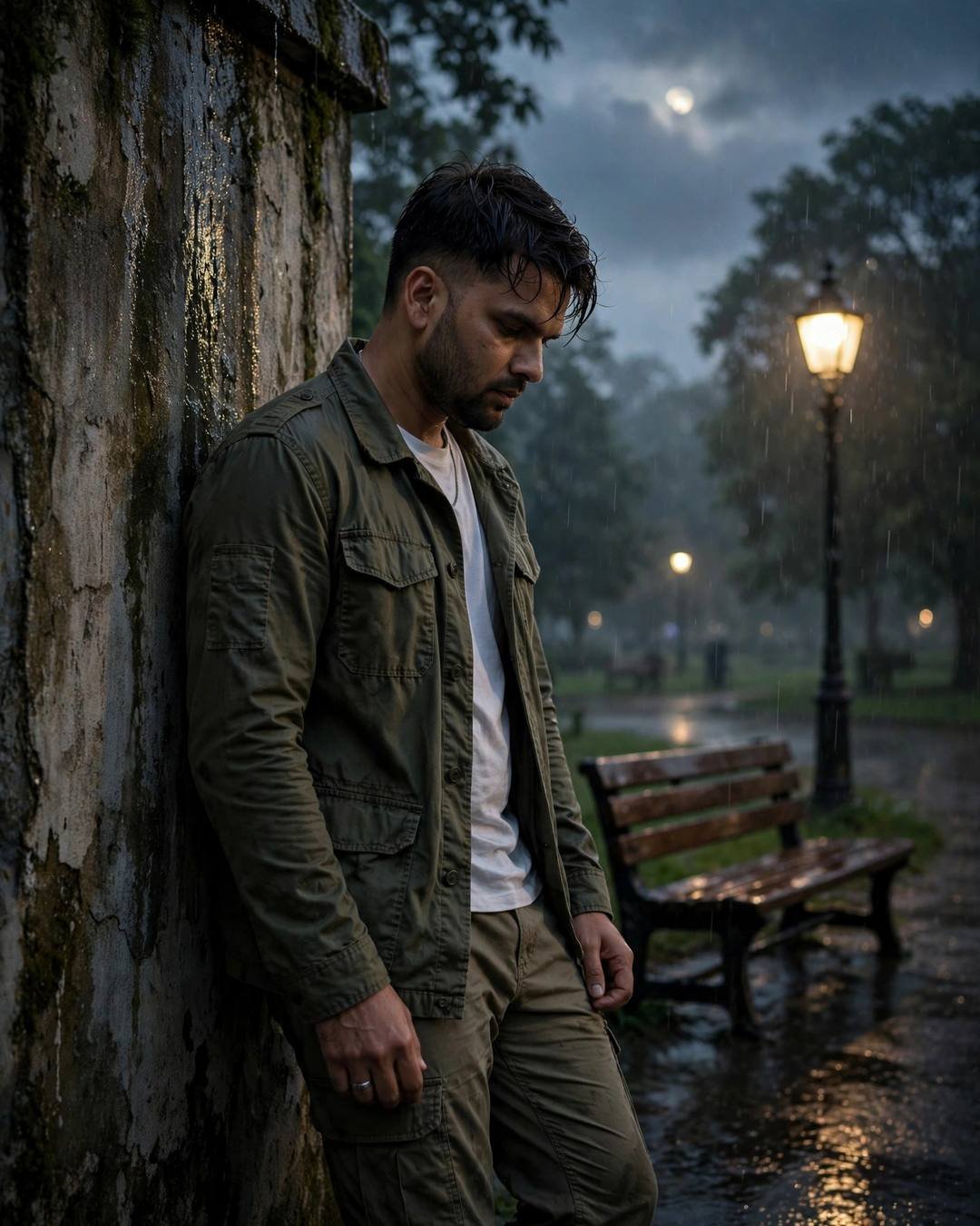 A young man in an olive field jacket leaning against a weathered wall by a moonlit park bench