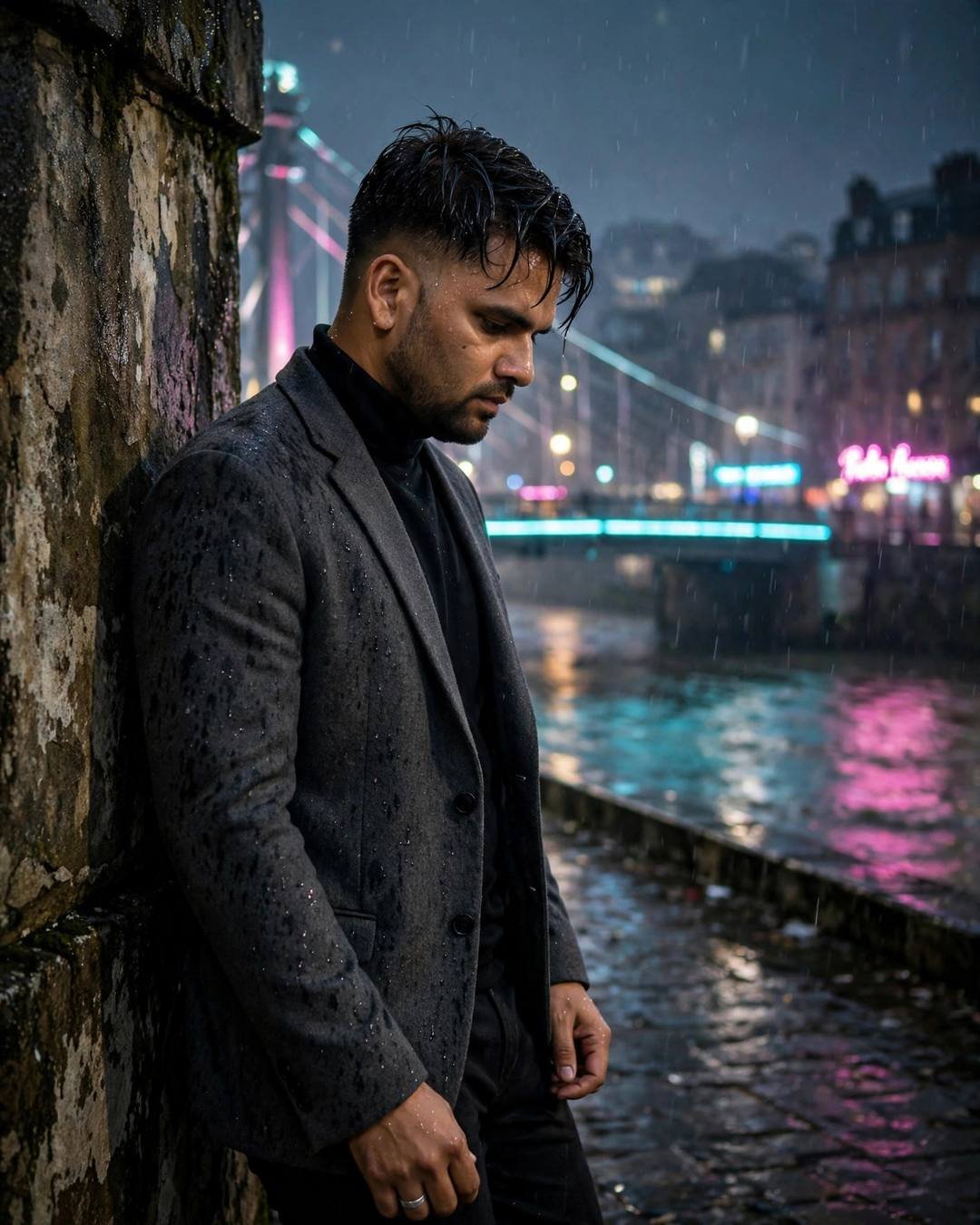 A young man in a charcoal blazer leaning against a wall by a neon-lit river bridge at night