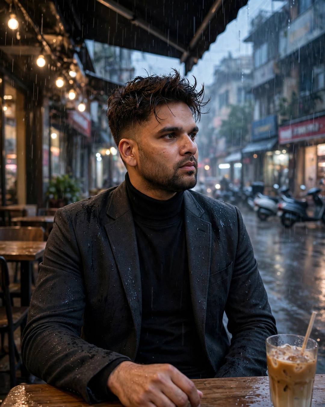 Young Indian man in charcoal blazer and black turtleneck at a rainy cafe table, iced coffee on wood, string lights overhead