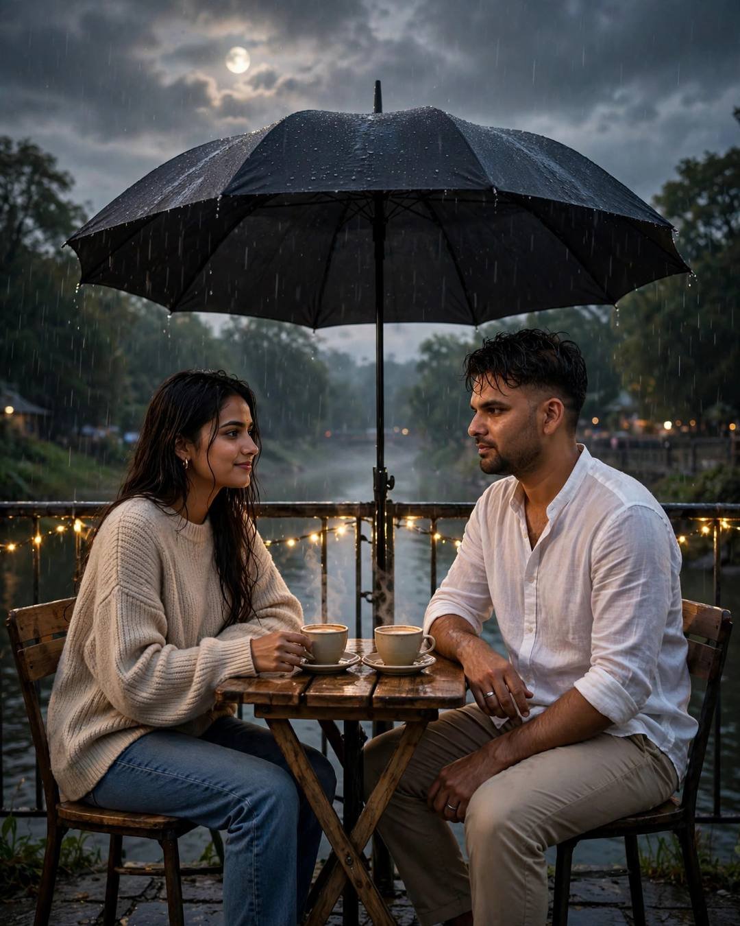 Young couple sharing coffee under one big umbrella at a cafe table by a moonlit river in the rain