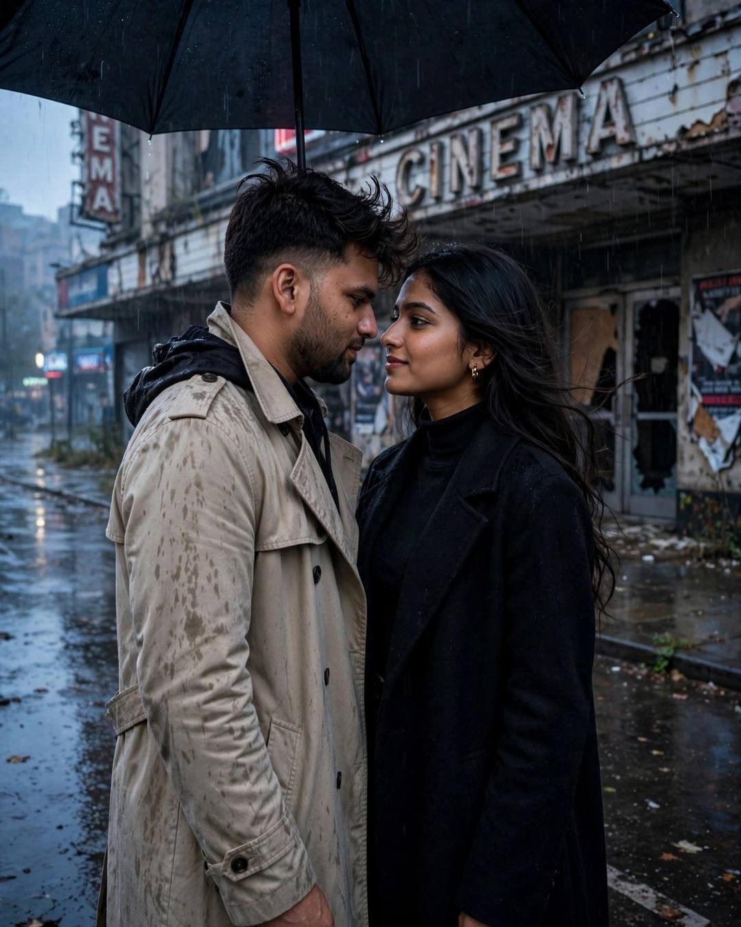Young couple standing forehead to forehead under one umbrella outside an abandoned cinema hall in the rain