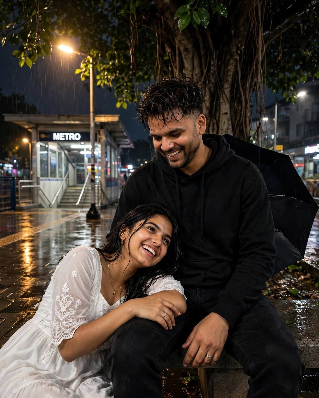 Young couple laughing together in the rain under a tree by a metro station at midnight