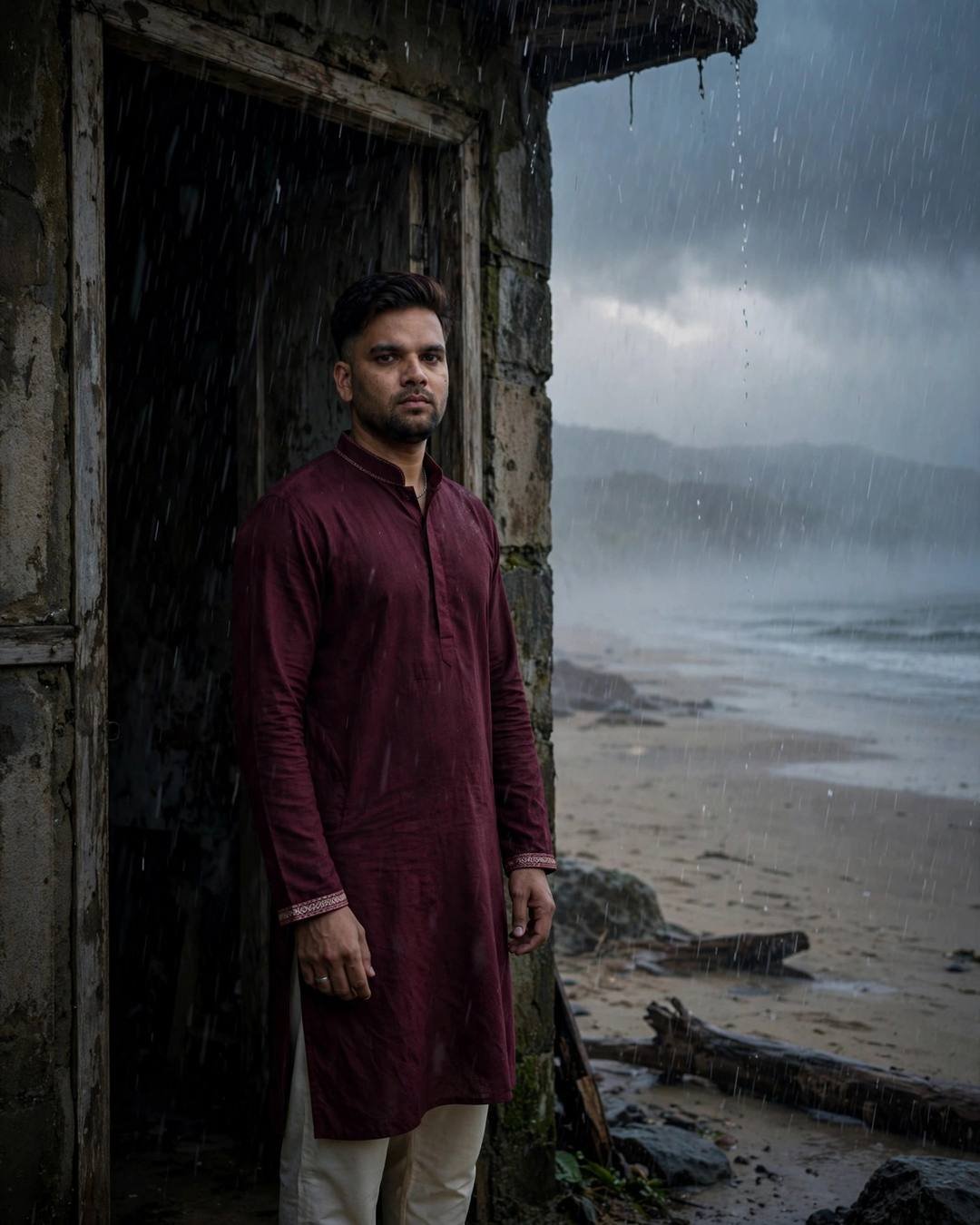 Young Indian man in a maroon kurta standing in a stone doorway on a deserted beach in heavy monsoon rain at dusk