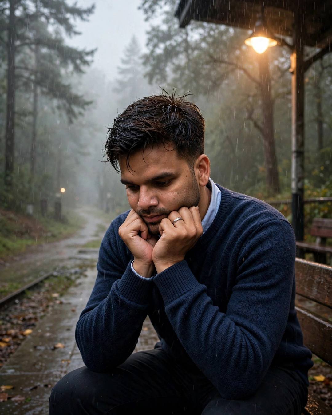 Young Indian man in a navy sweater sitting on a bench with chin in hands on a misty forest path in the rain