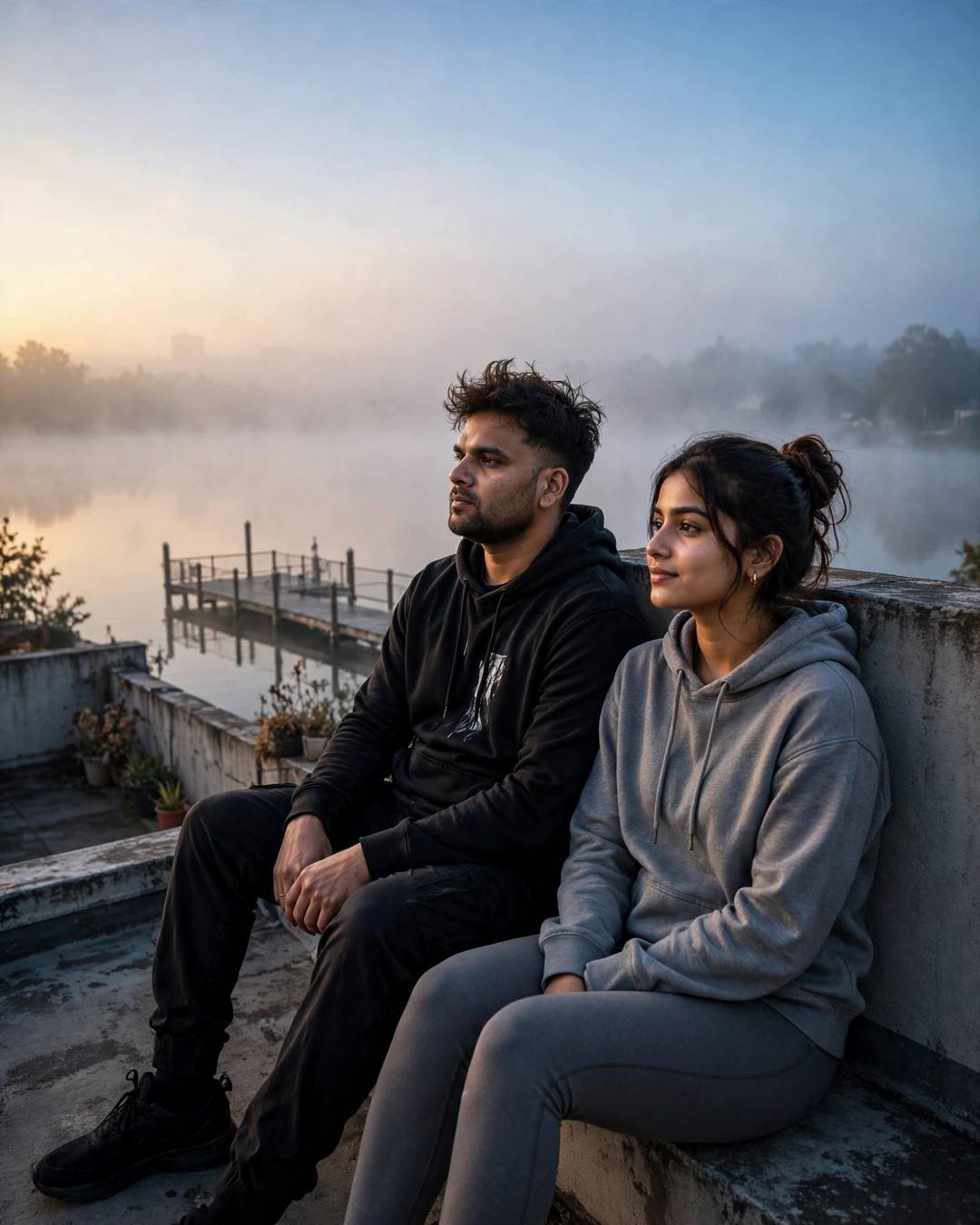 A young Indian couple in black streetwear and grey hoodie sitting on a rooftop edge overlooking a fogged lake at dawn