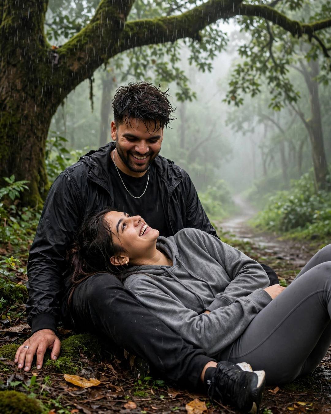 A young Indian couple laughing under a moss-green tree in heavy monsoon rain, the man in black streetwear, the woman in a grey hoodie