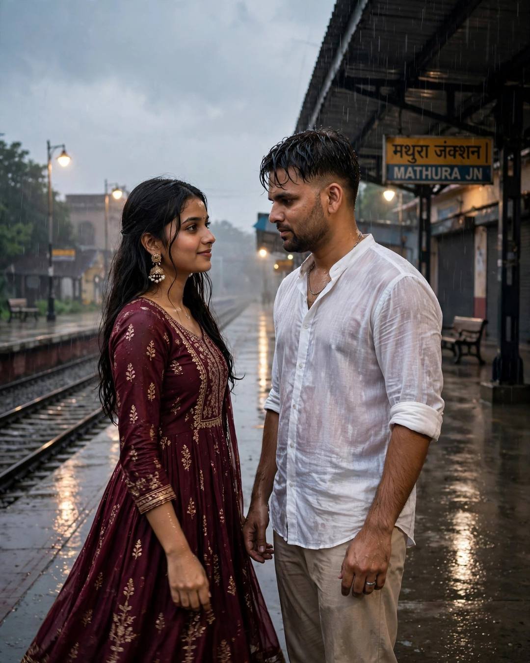 A young Indian couple in white linen shirt and maroon anarkali standing face to face on a rainy railway platform at night