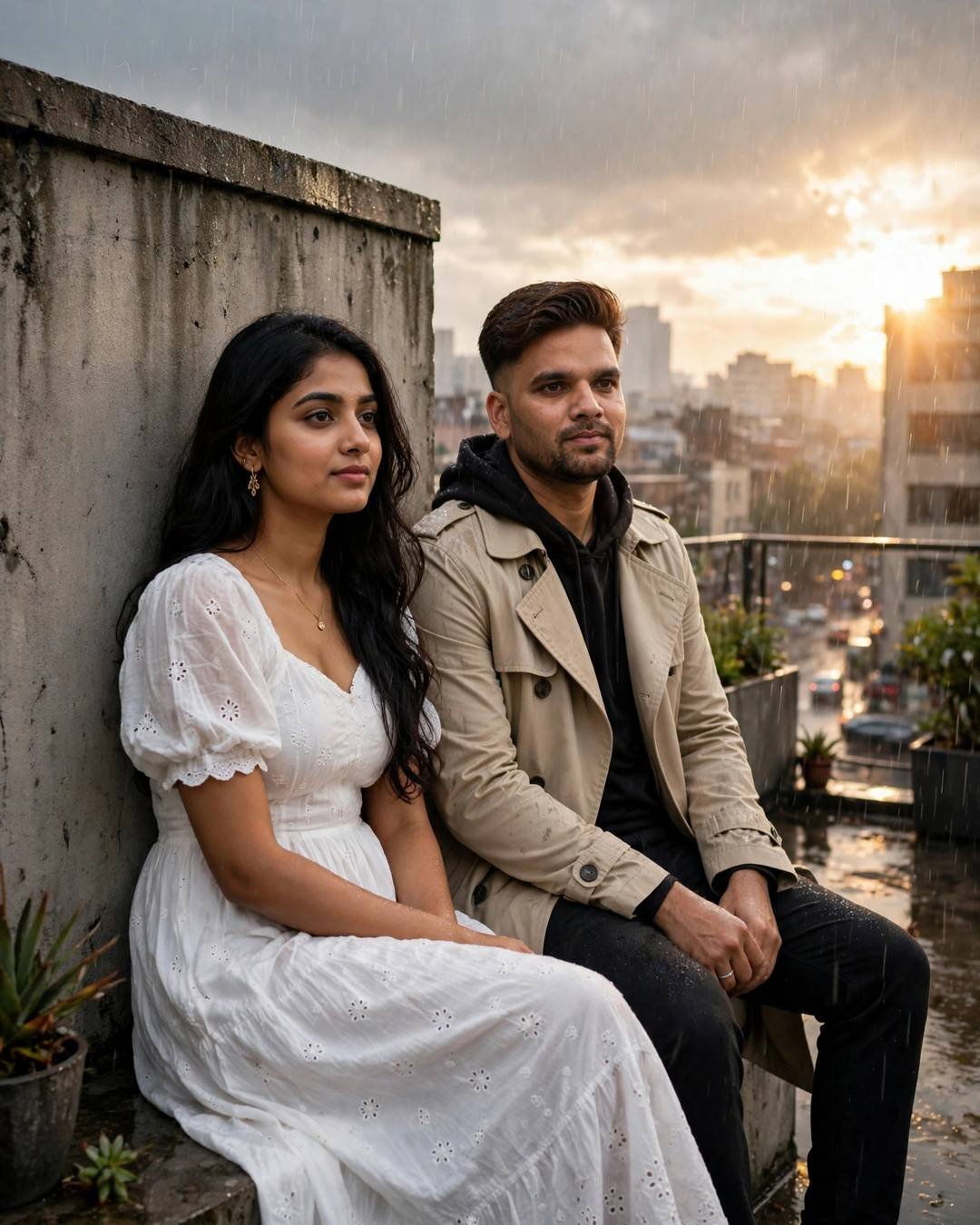 A young Indian couple in beige trench coat and white summer dress sitting close on a rooftop overlooking a rain-soaked city at sunset