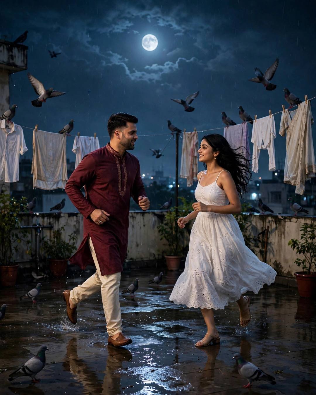 A couple running toward each other on a moonlit rooftop terrace with clothes lines and pigeons, him in a maroon kurta and her in a white dress