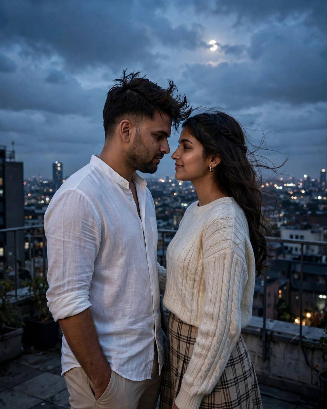 A couple standing face to face with foreheads almost touching on a rooftop at blue hour, him in a white linen shirt and her in a cream knit top