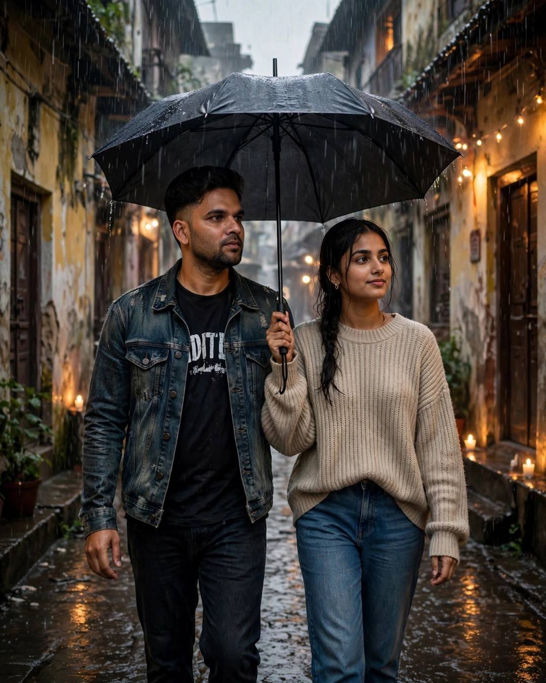 A couple walking under one umbrella in a rainy old-city lane, him in a denim jacket and her in a beige sweater, sharing chai