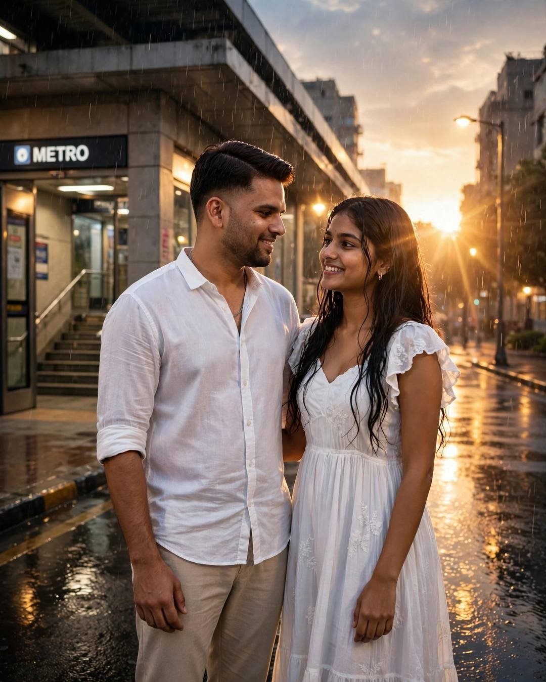 A smiling couple swaying together in the drizzle outside a metro station at golden hour, him in a white linen shirt and her in a white dress