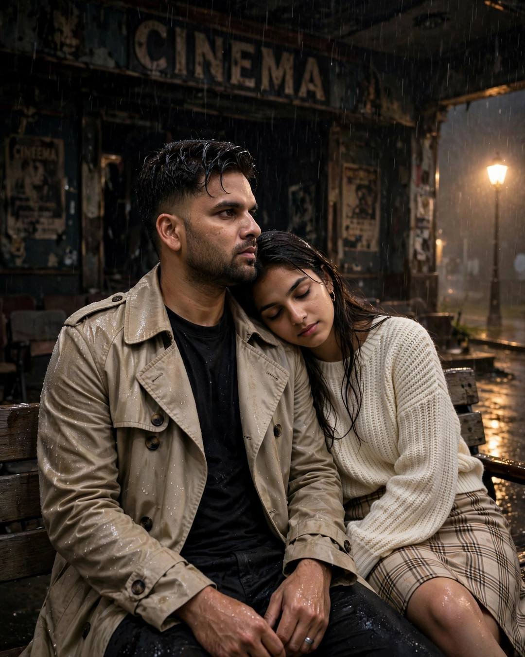 Young couple on a bench outside an abandoned cinema hall at night in the rain, her head resting on his shoulder