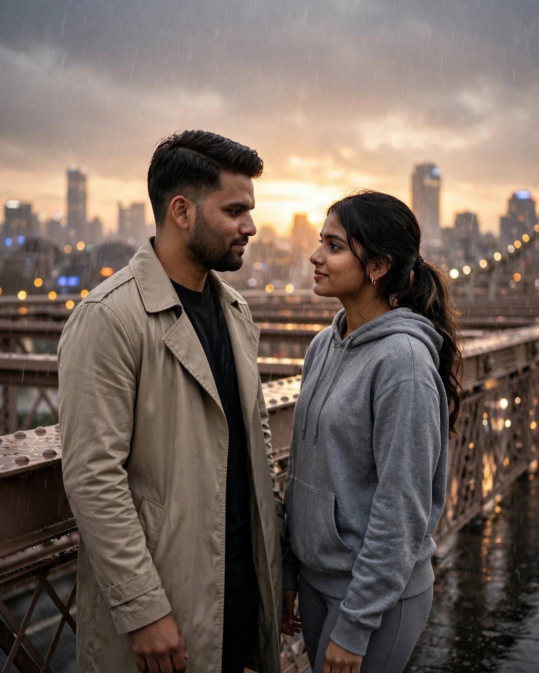 Young couple standing face to face on a rain-wet bridge overlooking a glowing city at golden hour