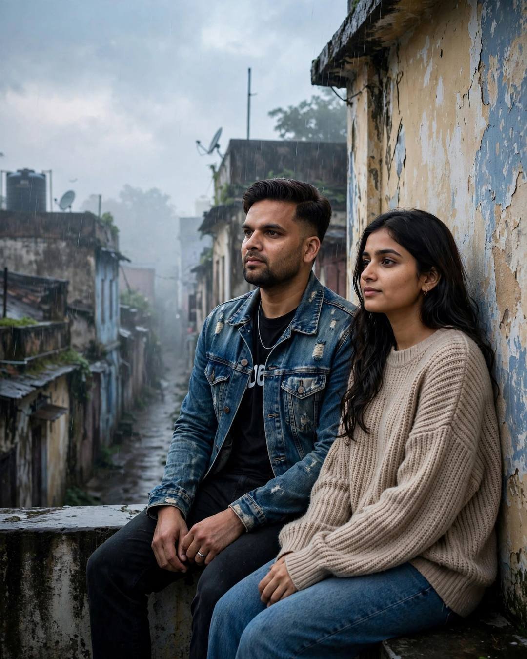 Young couple sitting side by side on a rainy rooftop against an old wall above an old-city lane