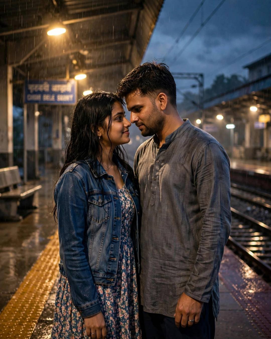 Young couple with foreheads almost touching on a rainy railway platform at night under warm lamps