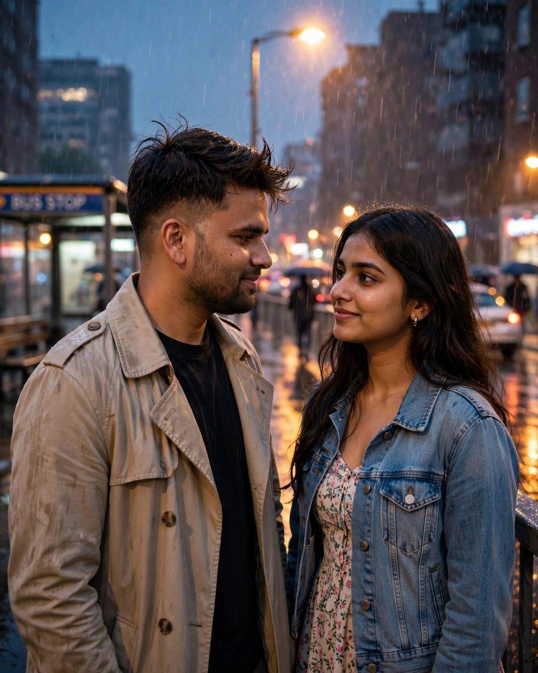 Young Indian couple face to face on a rainy city street at dusk — man in beige trench coat, woman in denim jacket over floral dress