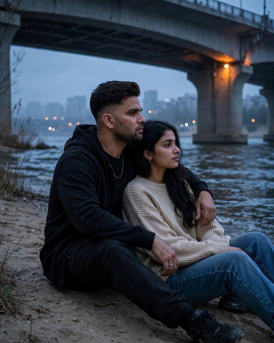 Young Indian couple sitting on river sand under a flyover at blue hour — man's arm around woman in beige sweater
