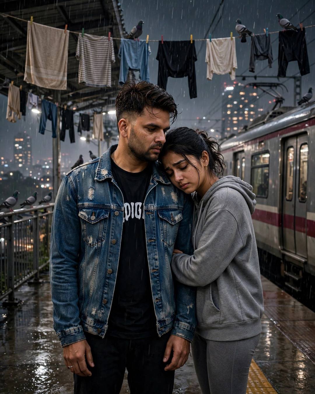 Young Indian couple on a rainy railway platform at midnight — woman in grey hoodie leaning on man's shoulder, train waiting