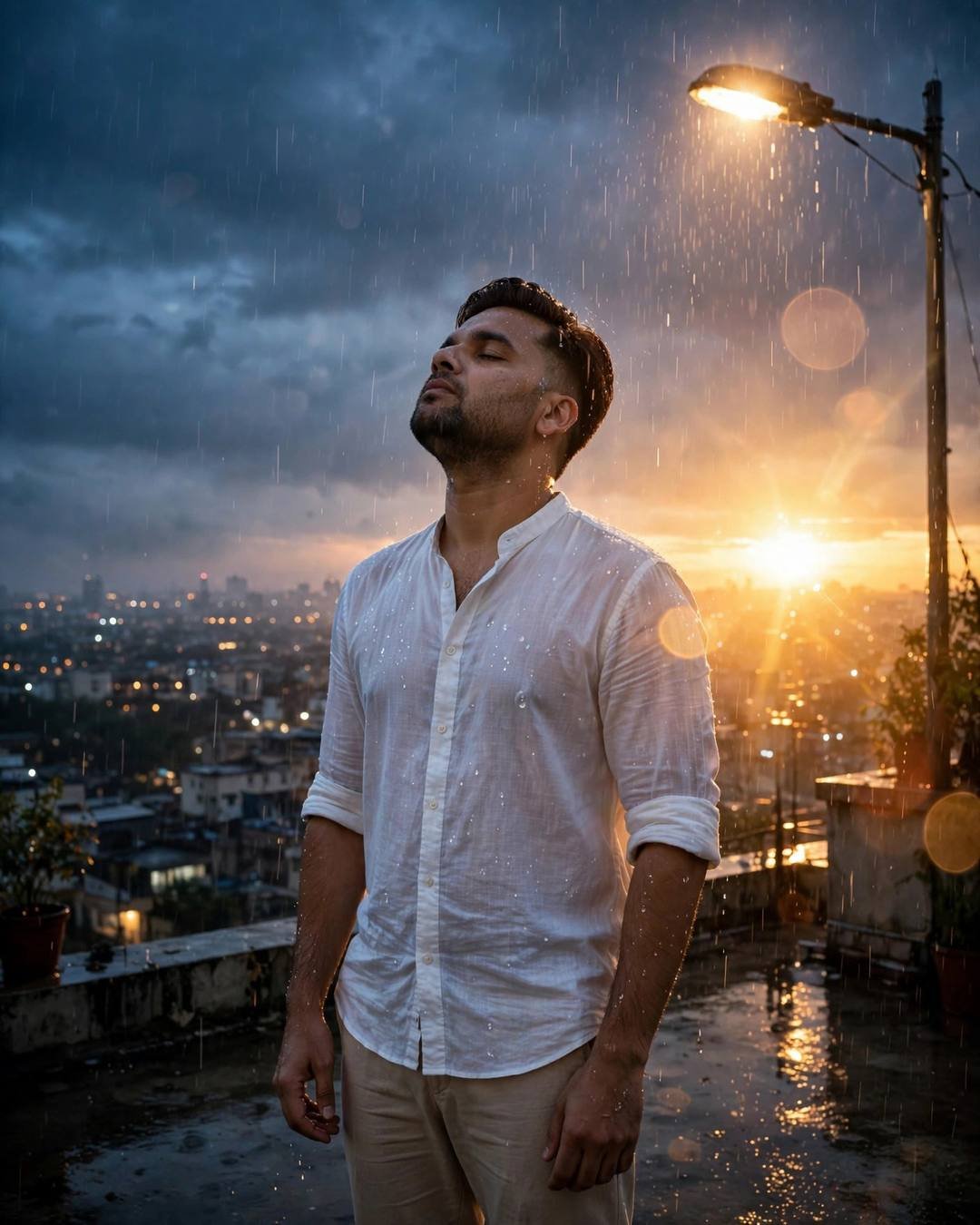 A young Indian man in a white linen shirt standing under a streetlamp in the rain on a rooftop at blue hour, face lifted to the sky