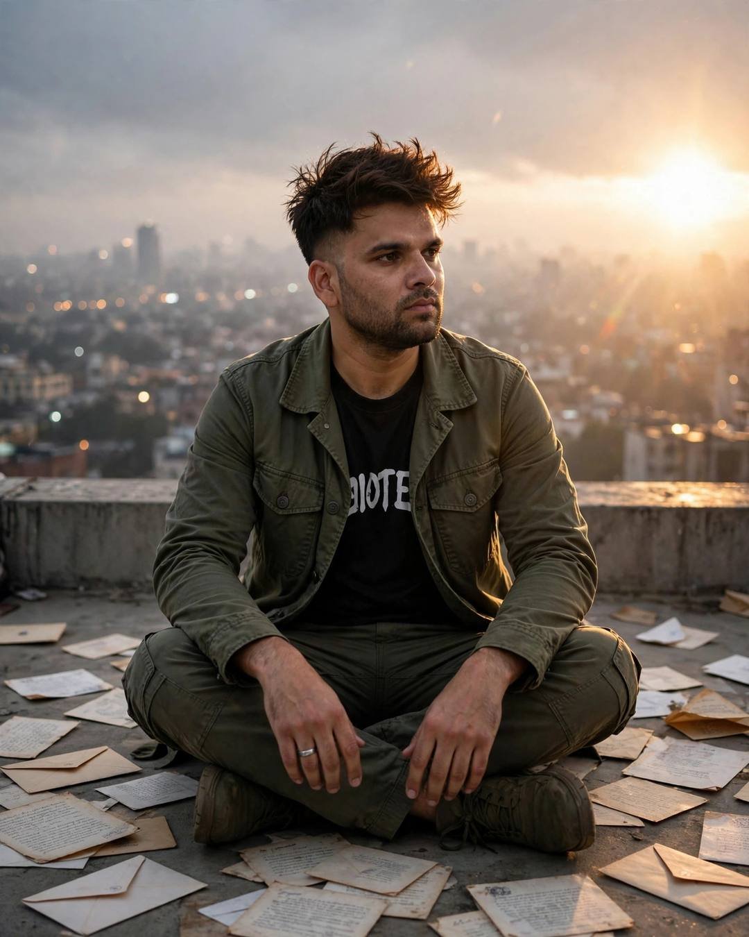 A young Indian man in an olive field jacket sitting cross-legged on a rooftop at golden hour, old letters spread around him, city below