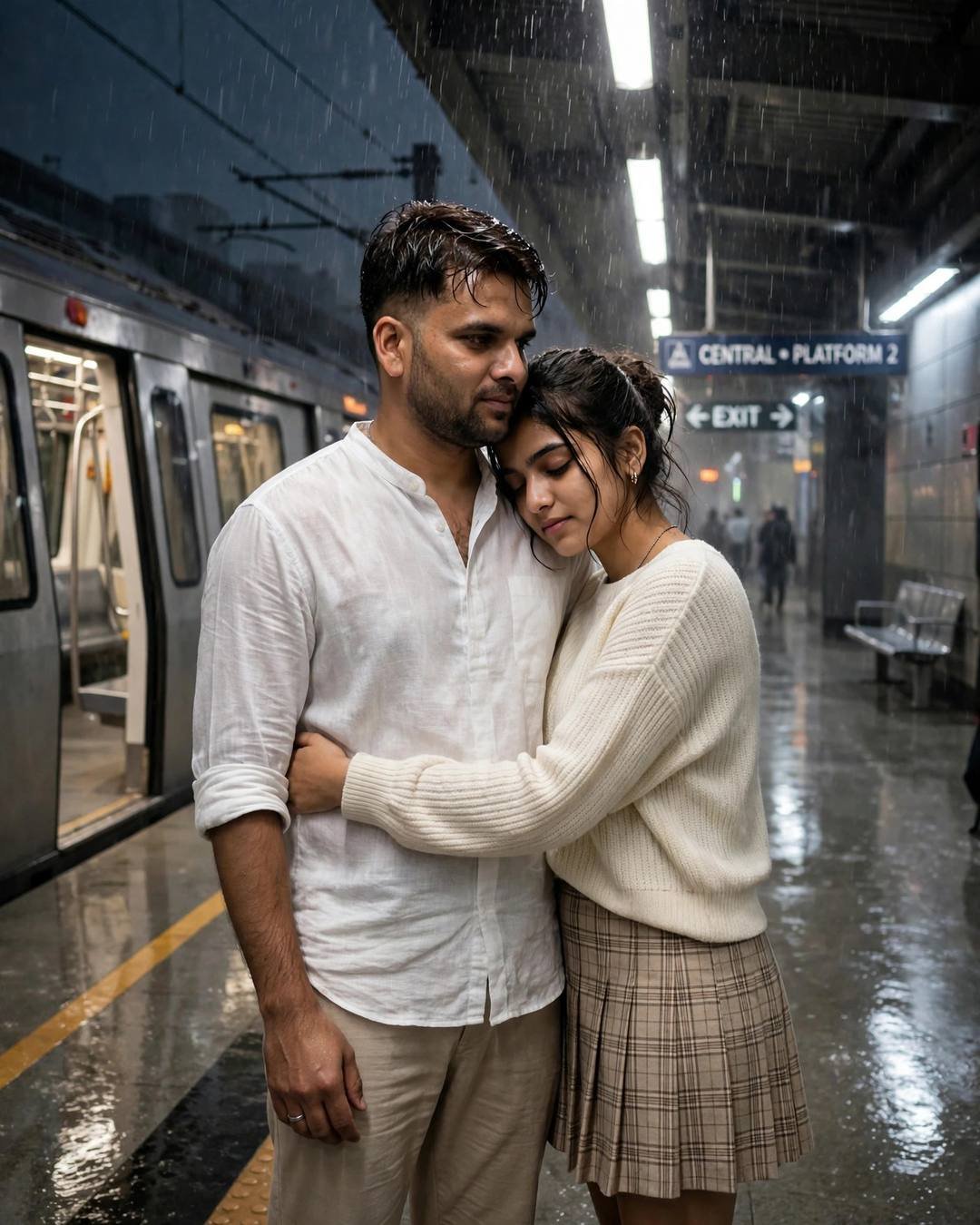 A couple sharing a last embrace on a midnight metro platform in the rain, the man in a white linen shirt and the woman in a cream knit top