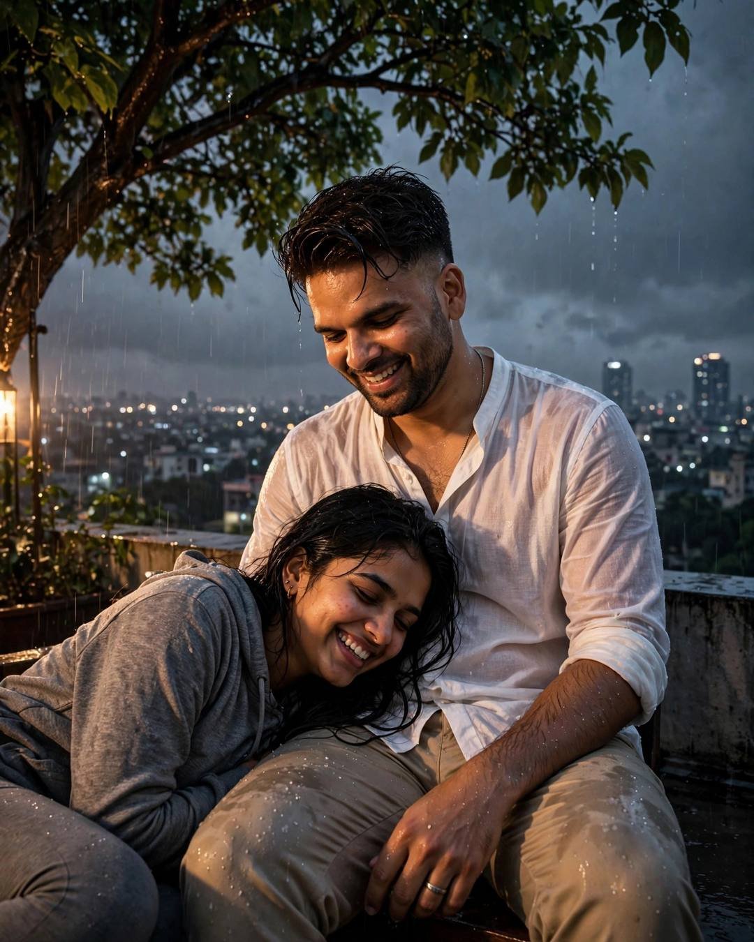 A laughing couple on a rooftop at midnight, her head resting in his lap under a tree, city lights glowing behind them