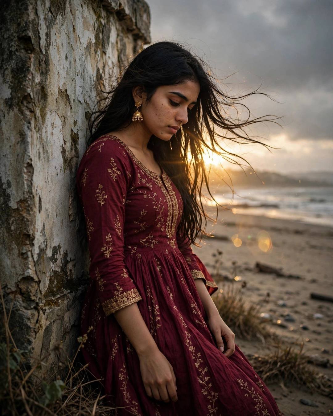 A young Indian woman in a maroon anarkali with jhumkas leaning against a weathered wall at a beach at dusk, holding a wilted rose
