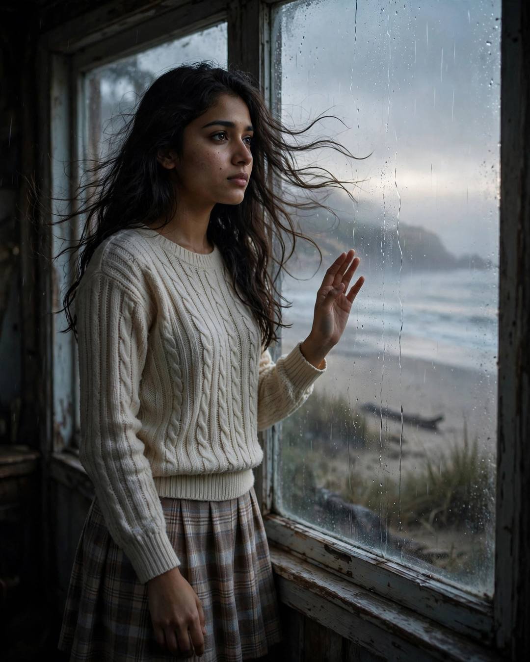 A young Indian woman in a cream knit top and plaid skirt standing at a rain-streaked window, one hand pressed to the glass