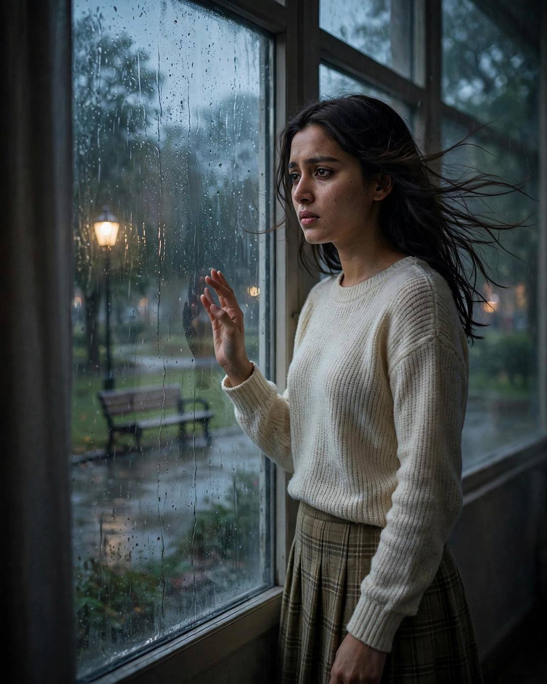 A young Indian woman in a cream knit top and plaid skirt folding love letters into paper boats beside a rain-streaked window