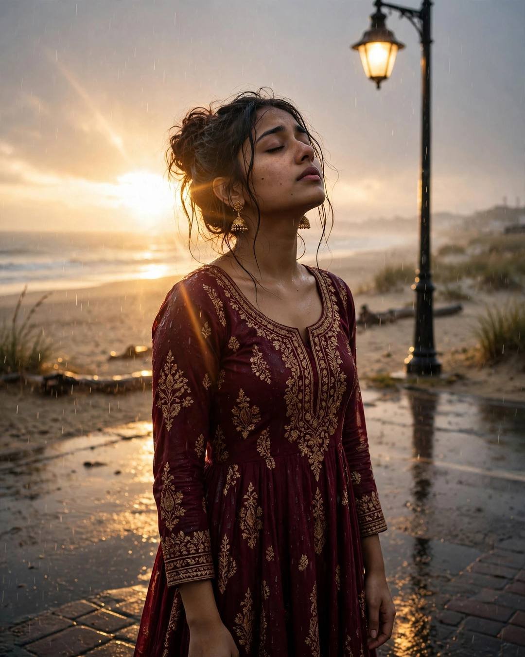 A young Indian woman in a maroon anarkali with jhumkas standing under a streetlamp in the rain at a beach, face lifted to the golden sky