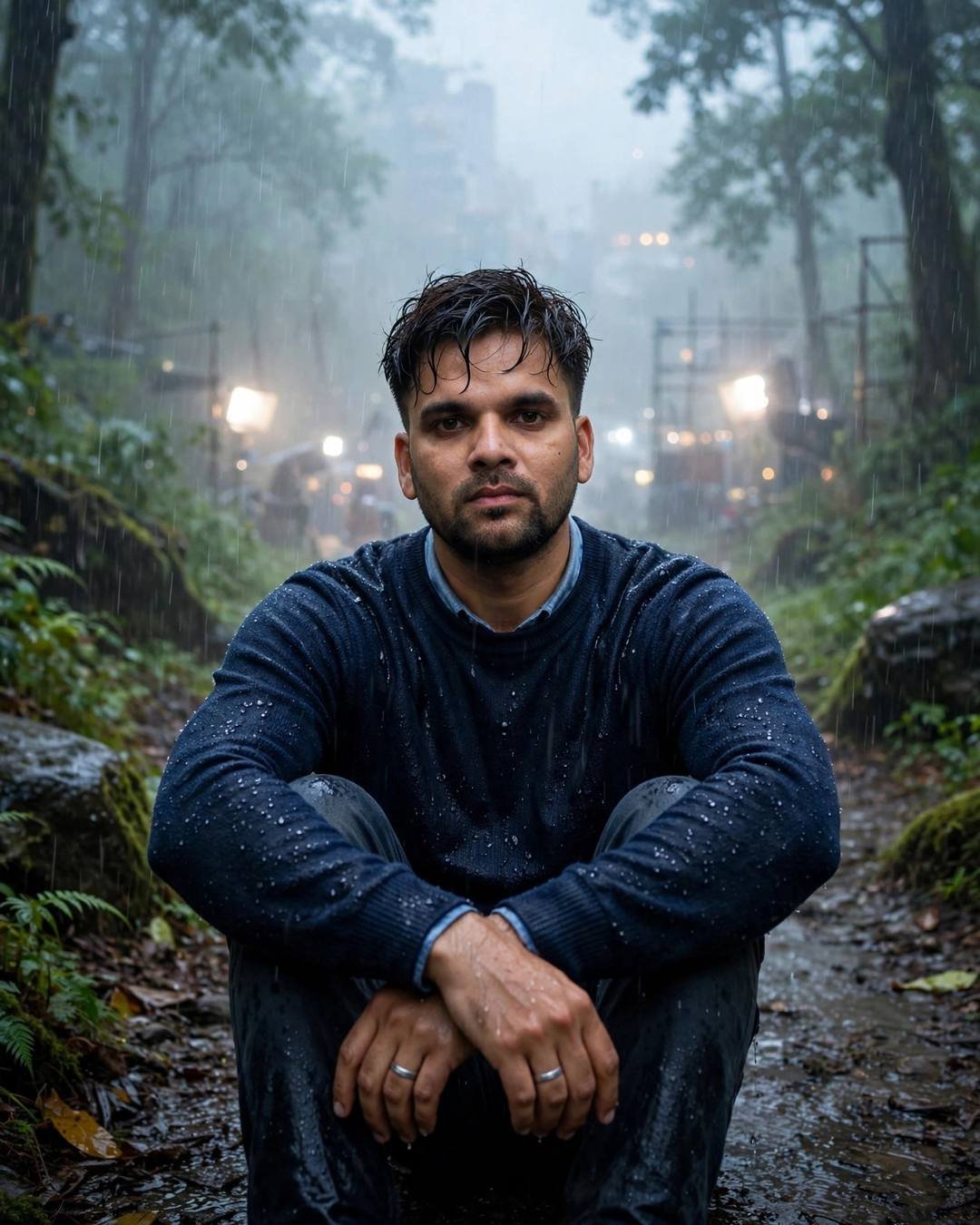 Young Indian man in navy sweater sitting on a misty forest path in rain, knees drawn up, looking directly at camera