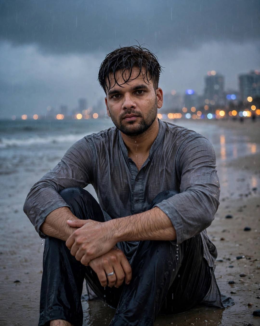 Young Indian man in grey kurta sitting on a rainy beach at dusk, knees drawn up, city lights glowing gold behind him
