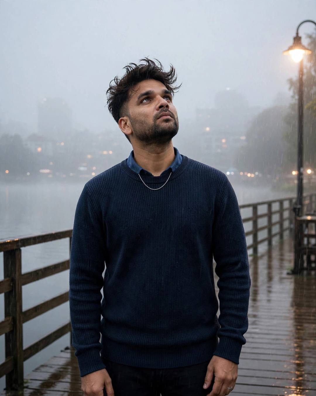 Young Indian man in navy sweater standing on a foggy lake pier, face lifted to the rainy sky, streetlamp glowing behind