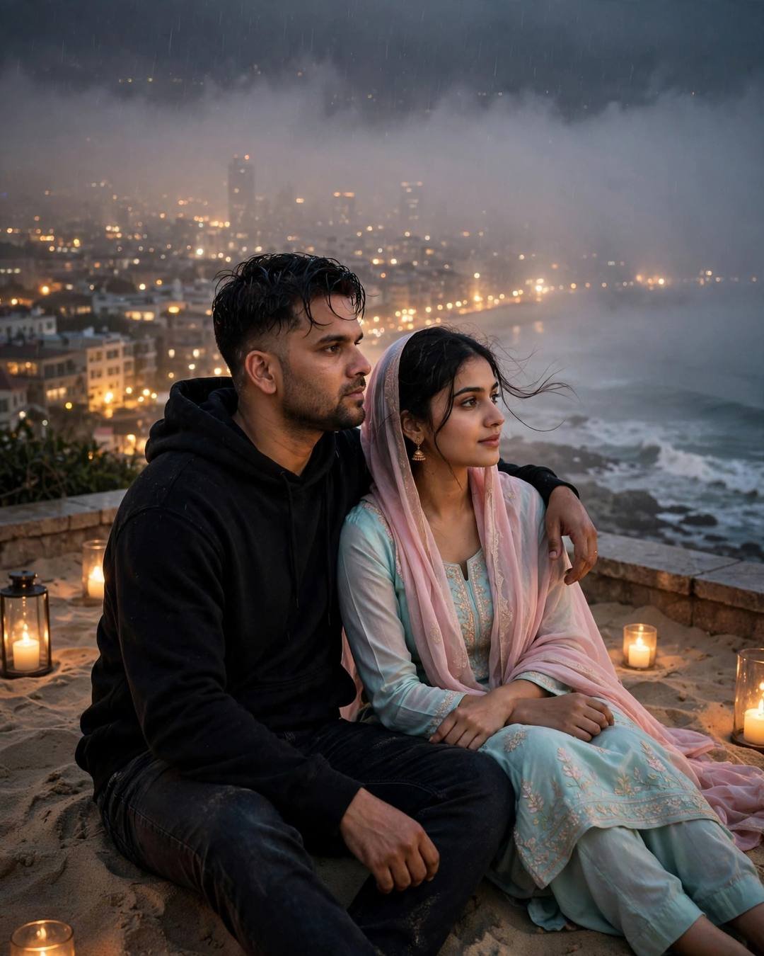 Young couple sitting on sand with candles on a rooftop above a foggy glowing city at dusk, his arm around her