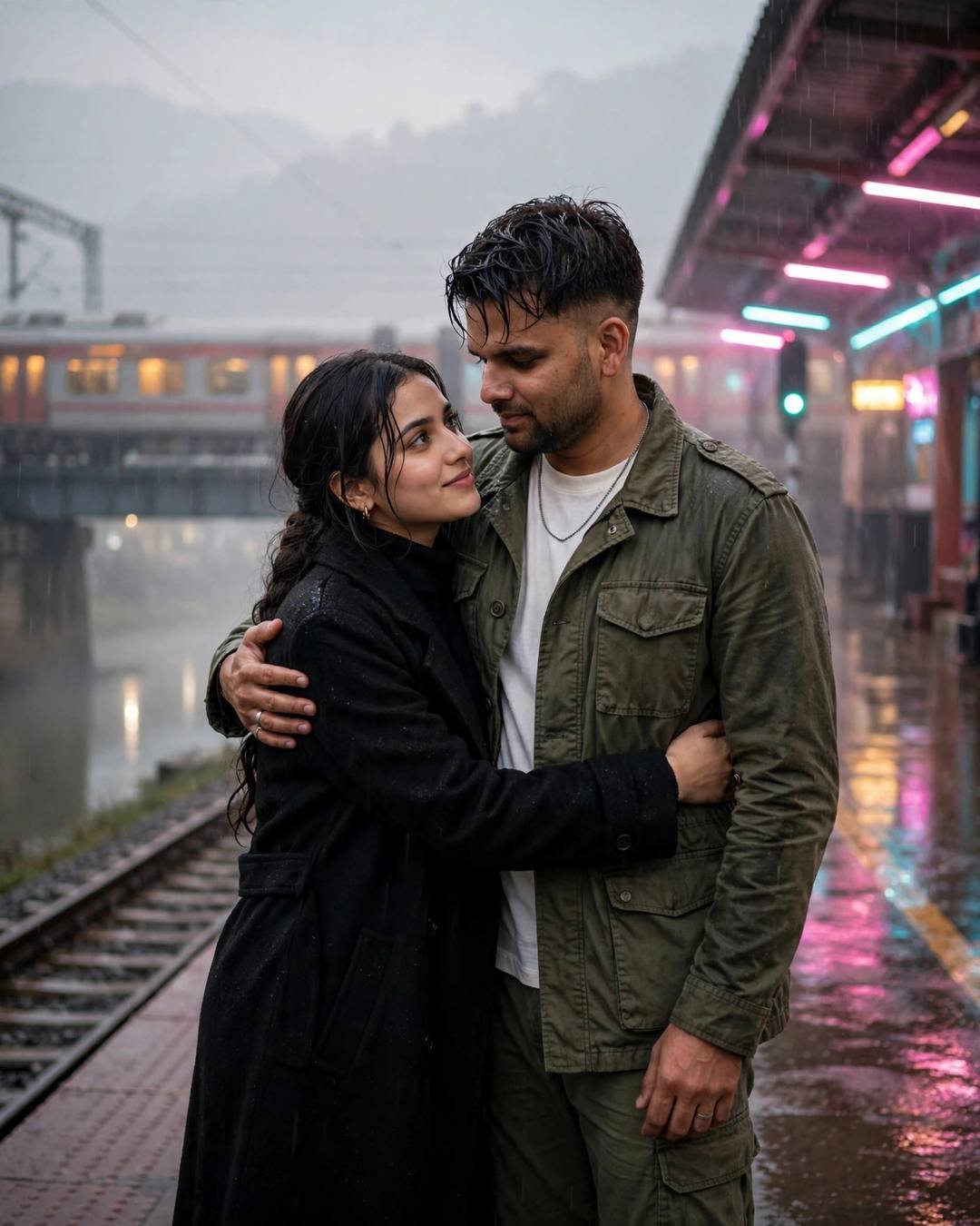 Young couple embracing on a neon-lit railway platform in the rain at dusk with a glowing train behind