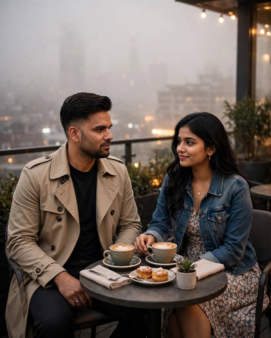 Young couple sharing coffee at a rooftop cafe table above dense fog with city lights glowing behind
