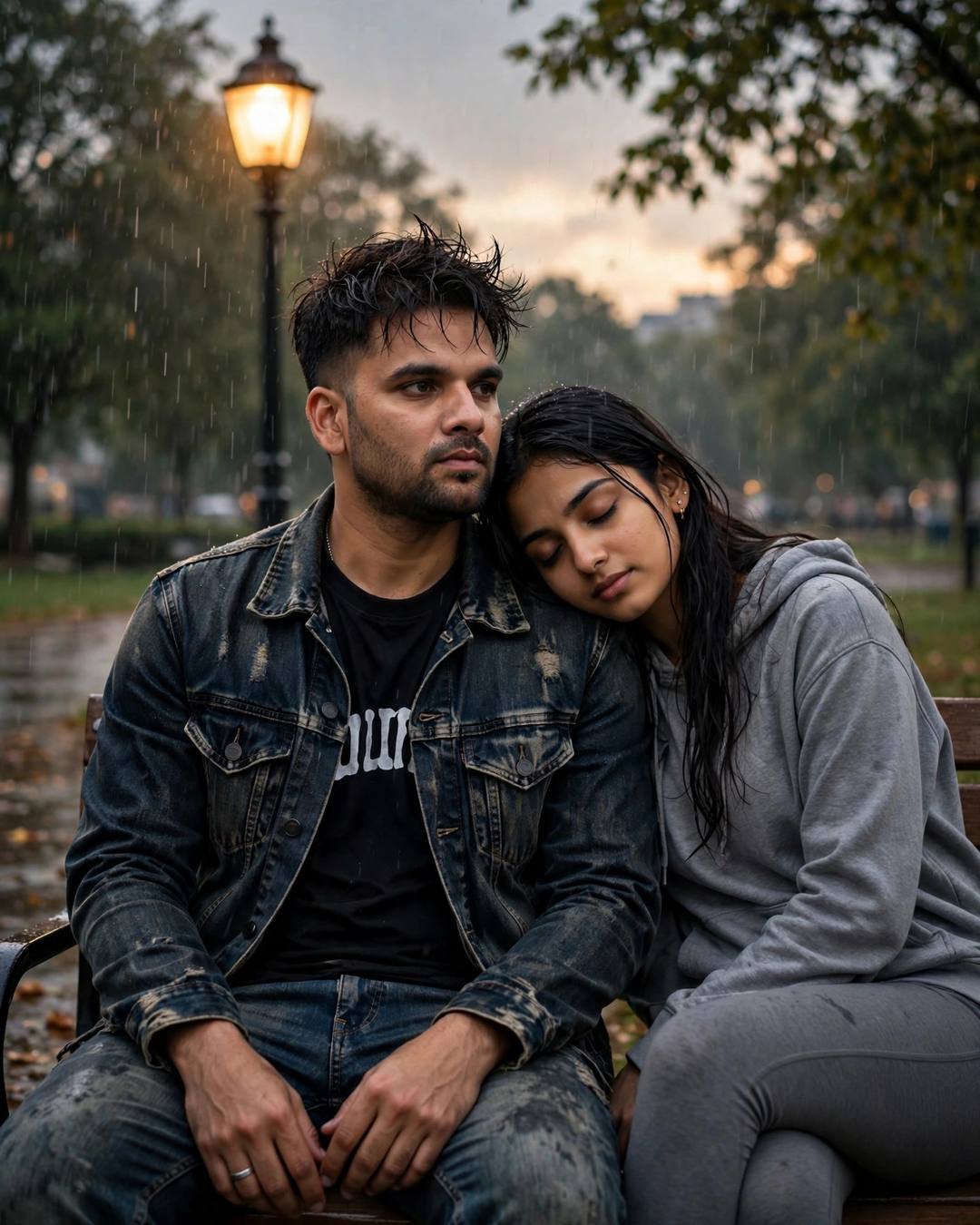 Young couple on a rainy park bench under a streetlamp, her head resting on his shoulder
