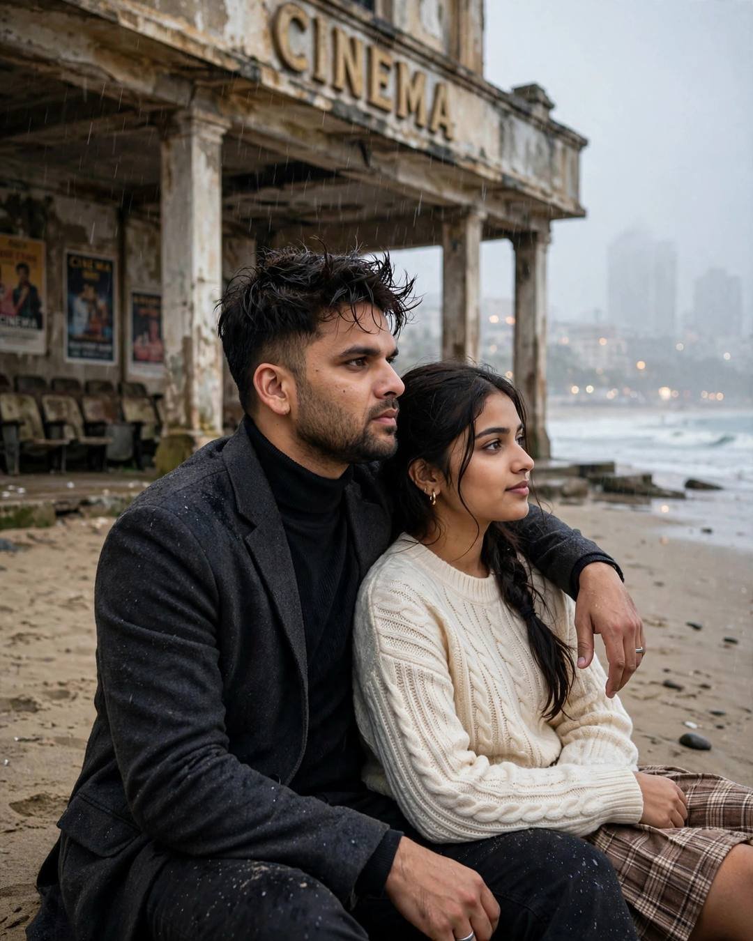 Young Indian couple sitting on sand by an abandoned cinema — charcoal blazer, cream knit top, his arm around her shoulders