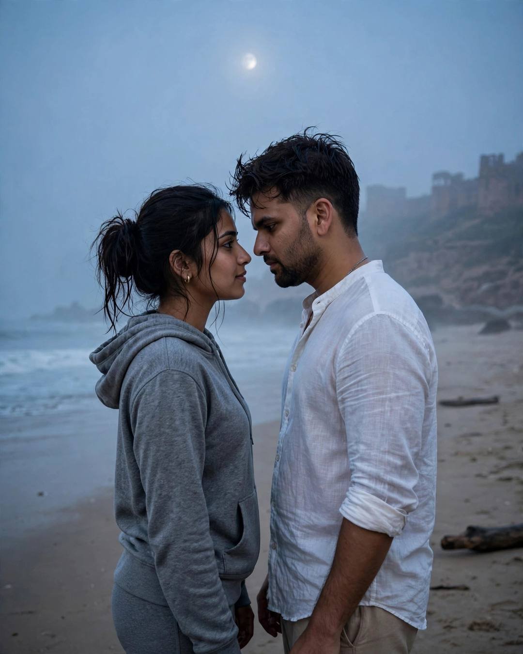 Young Indian couple with foreheads almost touching on a moonlit deserted beach — white linen shirt, grey hoodie