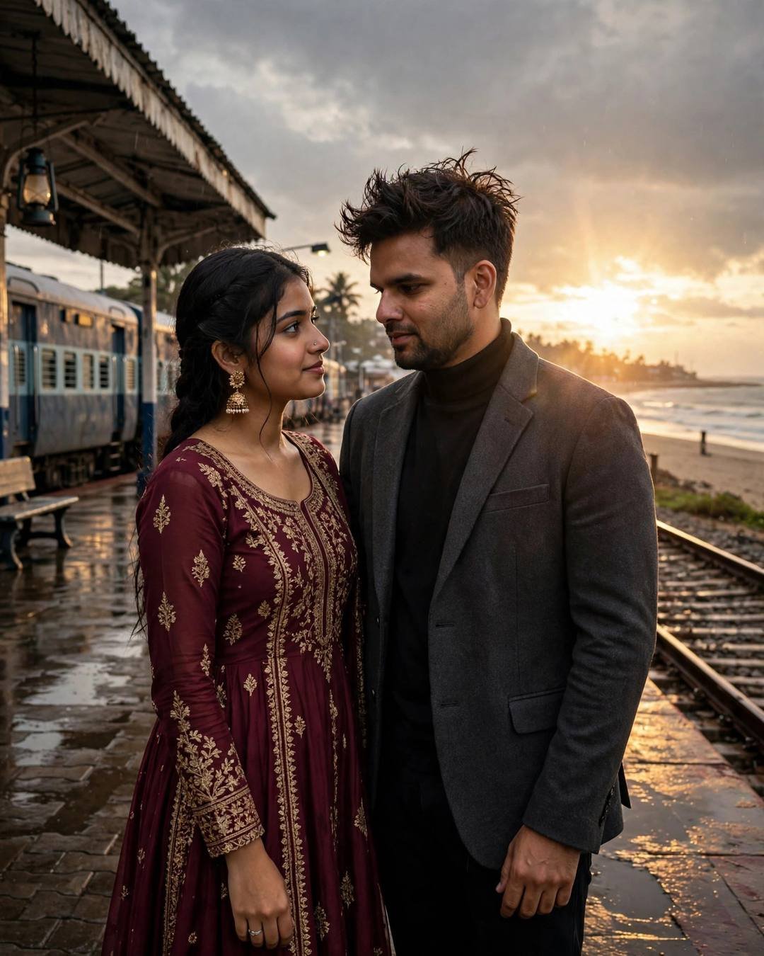 Young Indian couple face to face on a golden beachside railway platform — charcoal blazer, maroon embroidered anarkali with jhumkas