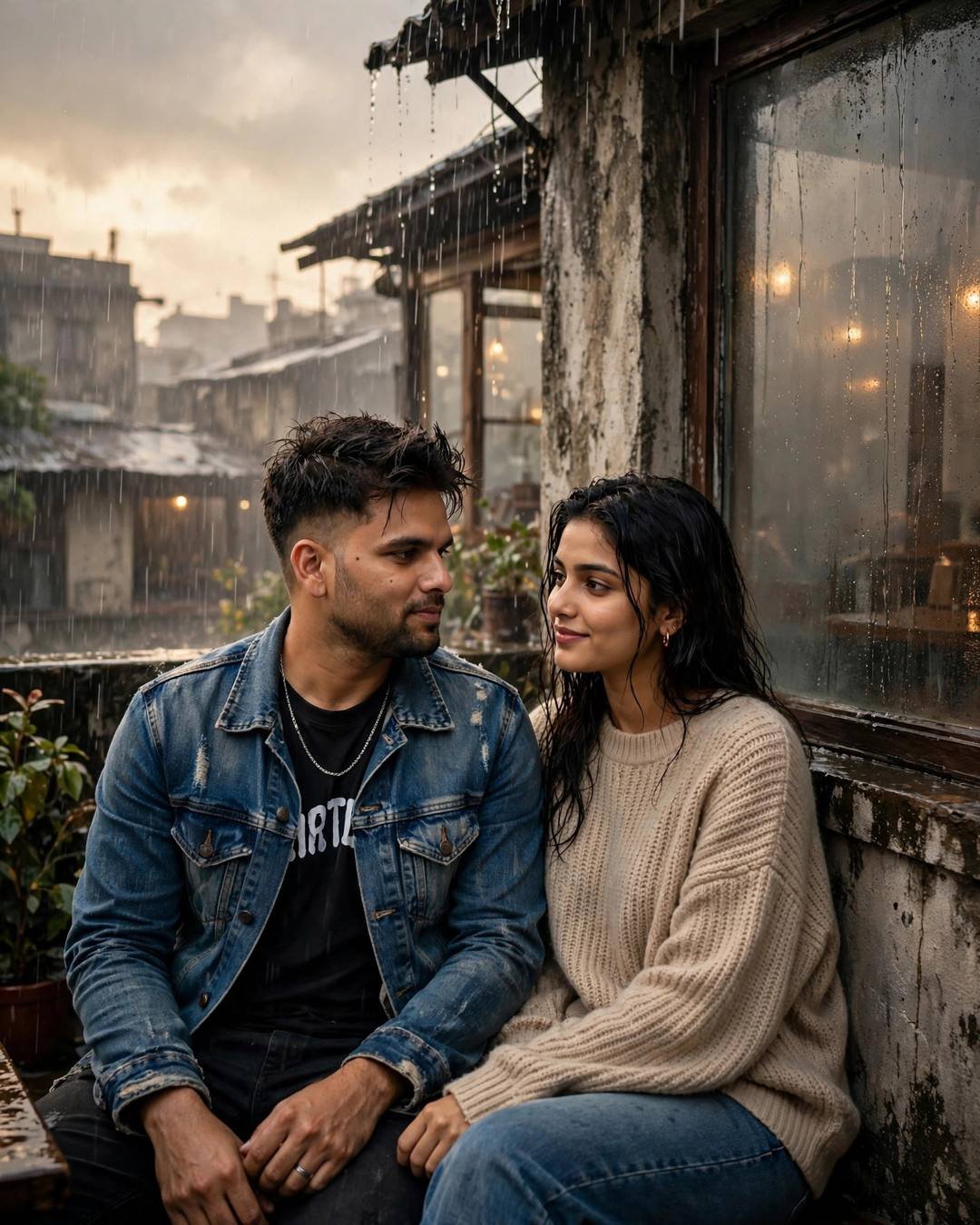 Young couple sitting close on a rain-washed rooftop beside a glowing cafe window, sharing a soft glance in the rain