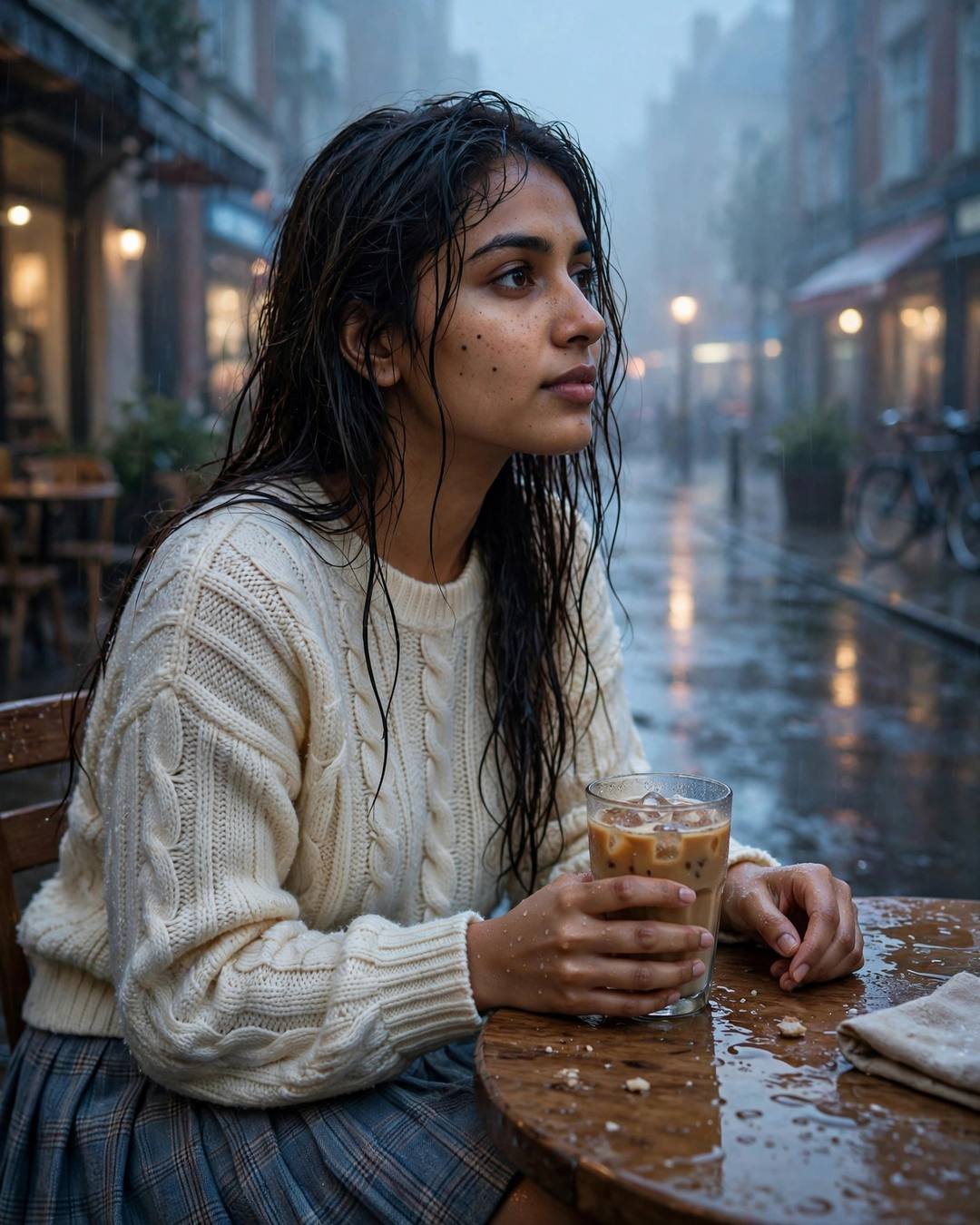 Young woman in cream knit top sitting at a rain-soaked outdoor cafe table, cradling a cold coffee, gazing down the wet street