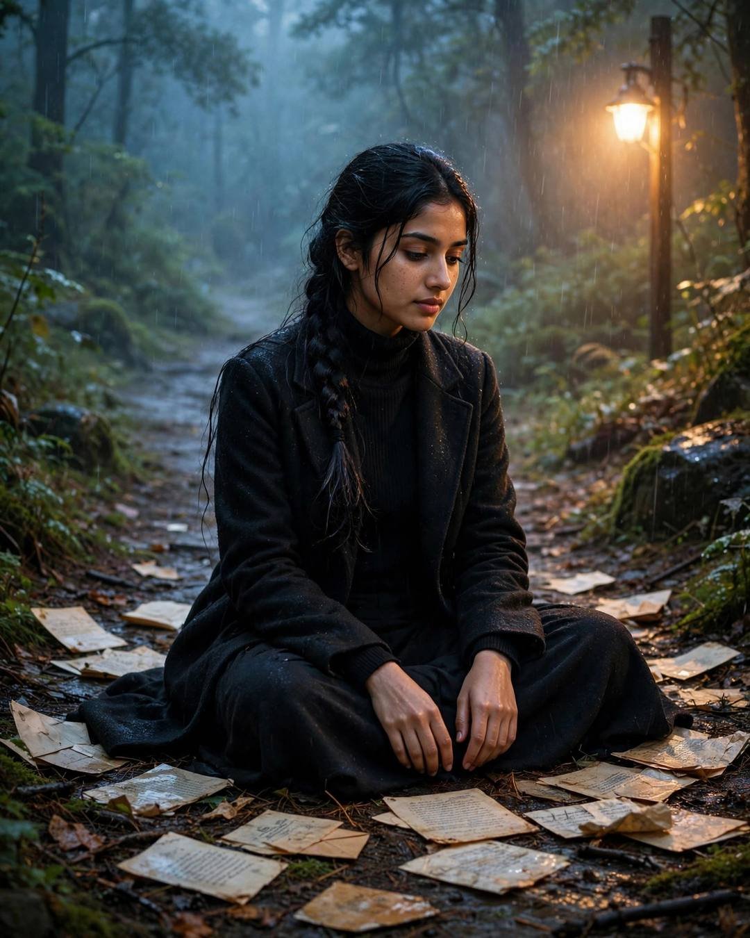 Young woman in black coat sitting cross-legged on a misty forest path surrounded by old letters, warm lamp glowing behind her