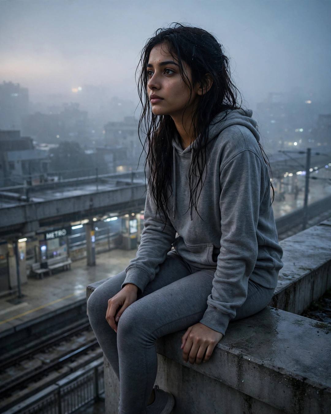 Young woman in grey hoodie sitting on a rooftop ledge above a metro station at dawn, wet hair, gazing into the foggy distance